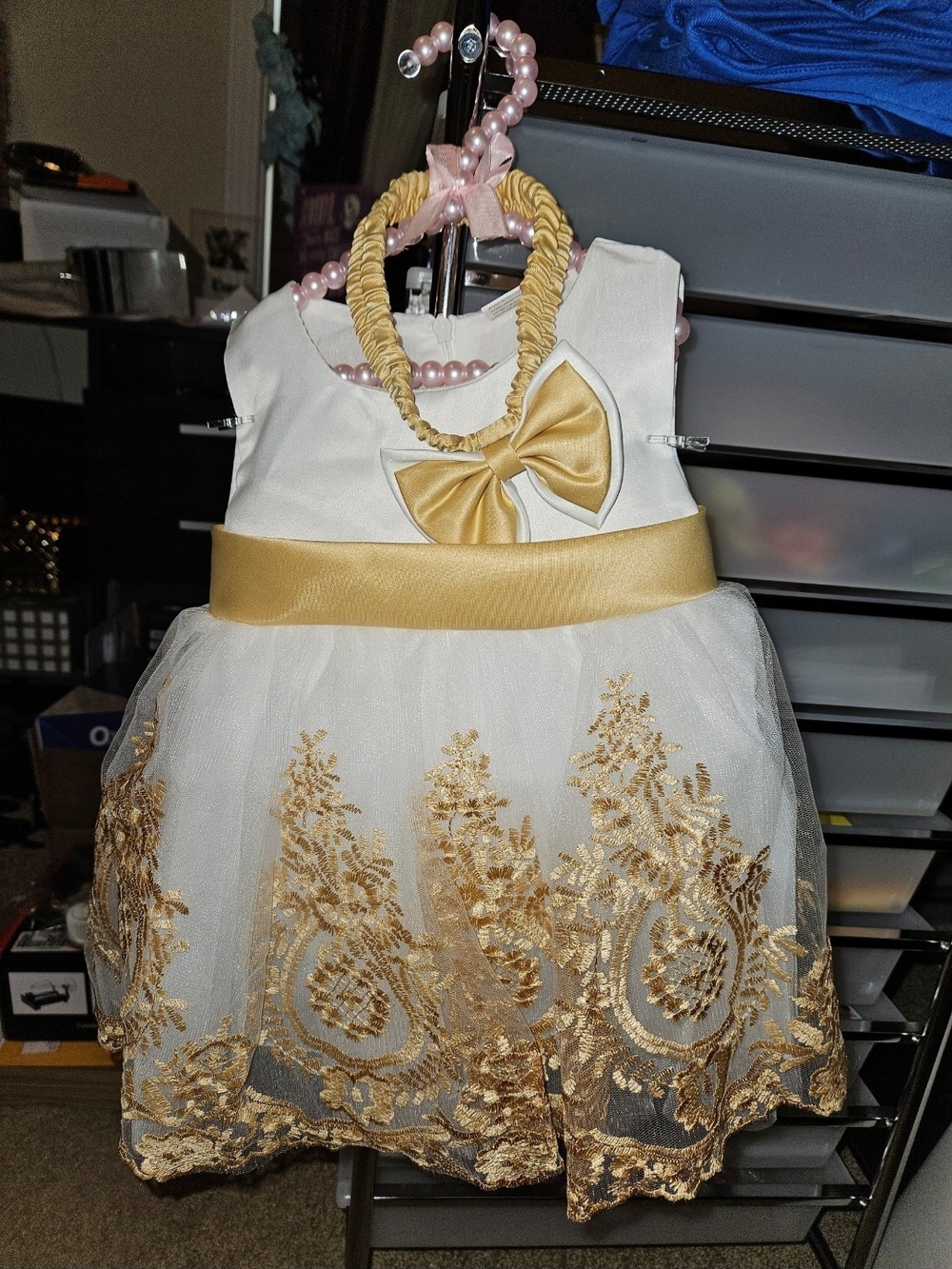 Girls White and Gold Princess Dress with Bow